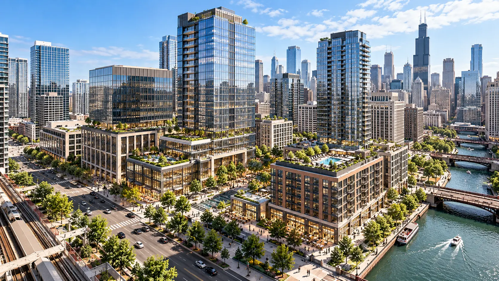 Wide aerial of a Chicago riverfront development with glass towers, landscaped terraces, and the city skyline