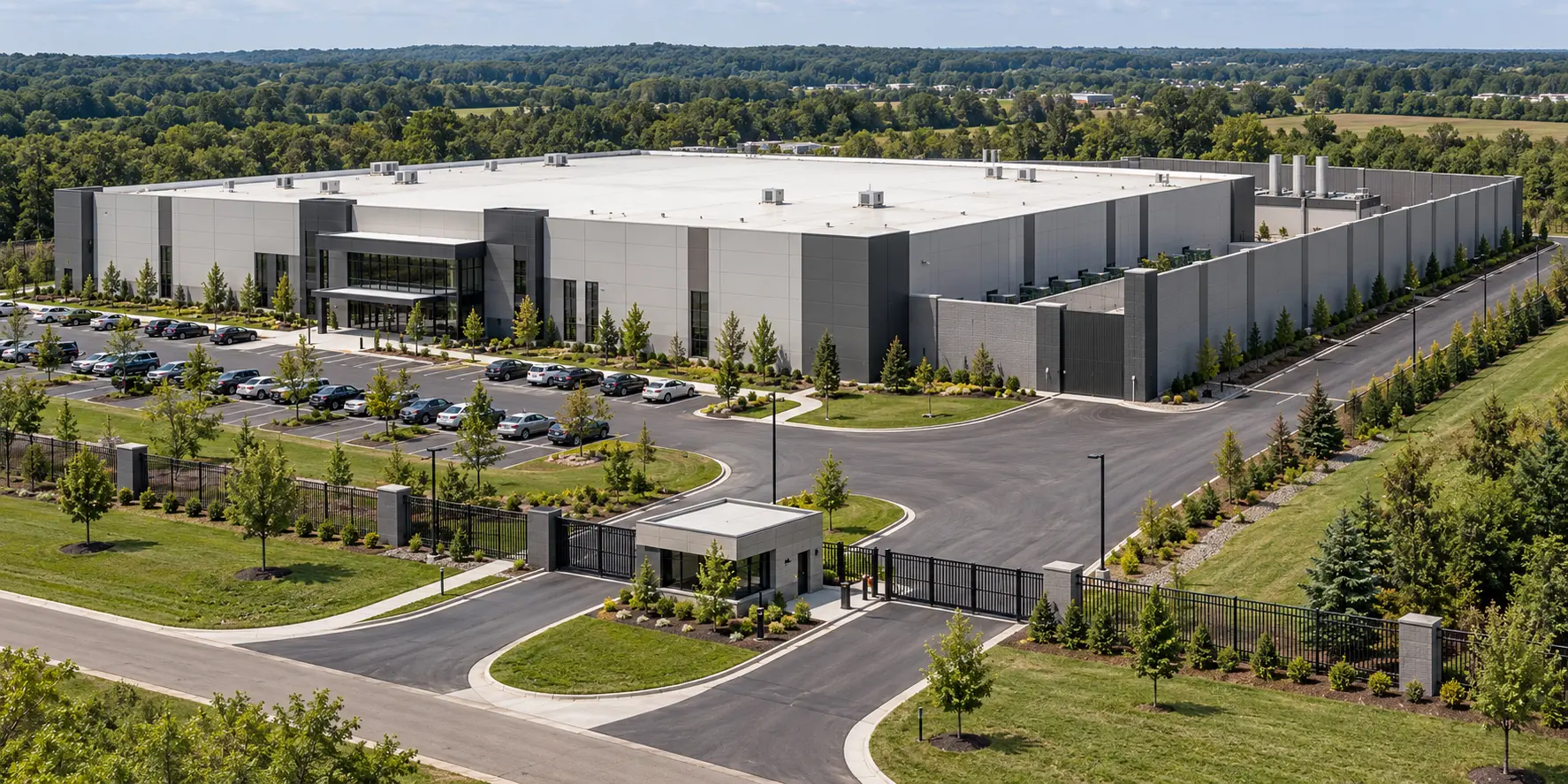 Aerial visualization of a secure data center campus surrounded by forest
