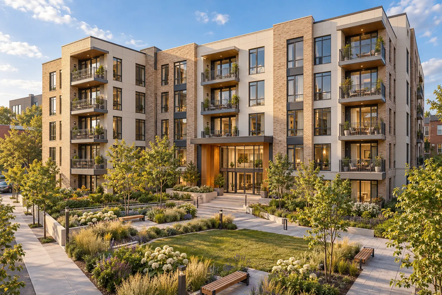 Contemporary apartment development surrounding a landscaped courtyard
