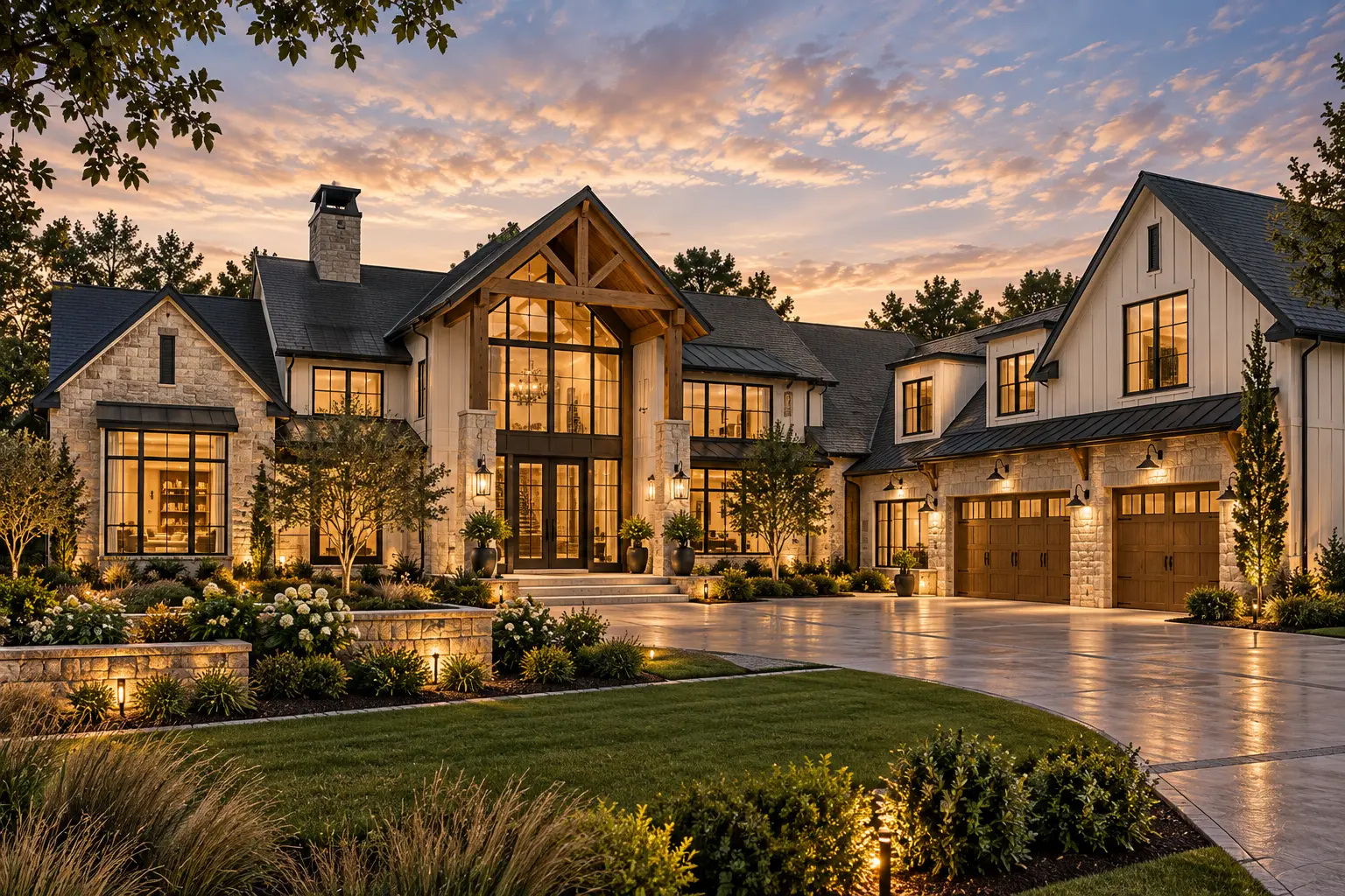 Stone and timber residence glowing at sunset