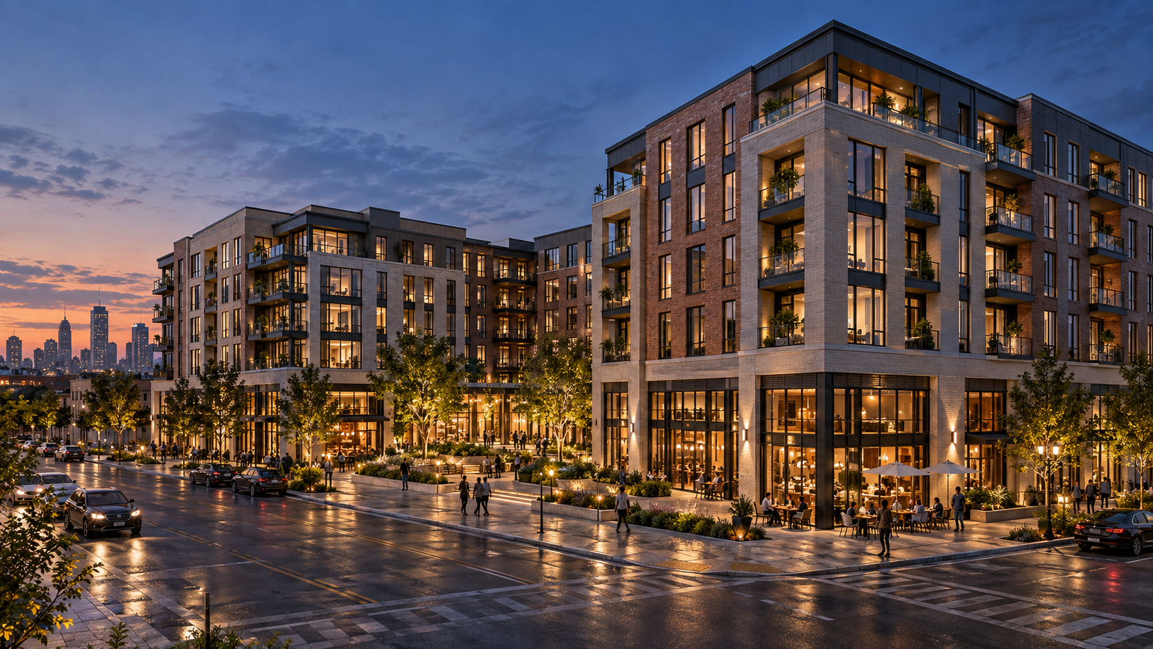 CADRELLE visualization of the Meridian mixed-use district at dusk
