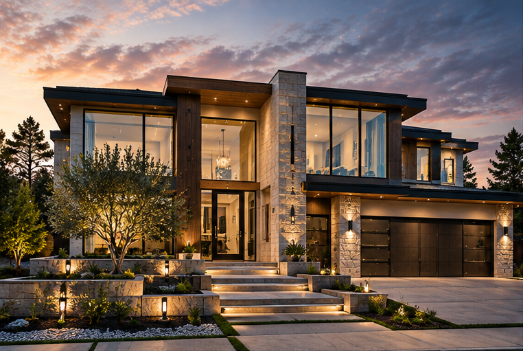 Modern luxury residence illuminated at dusk