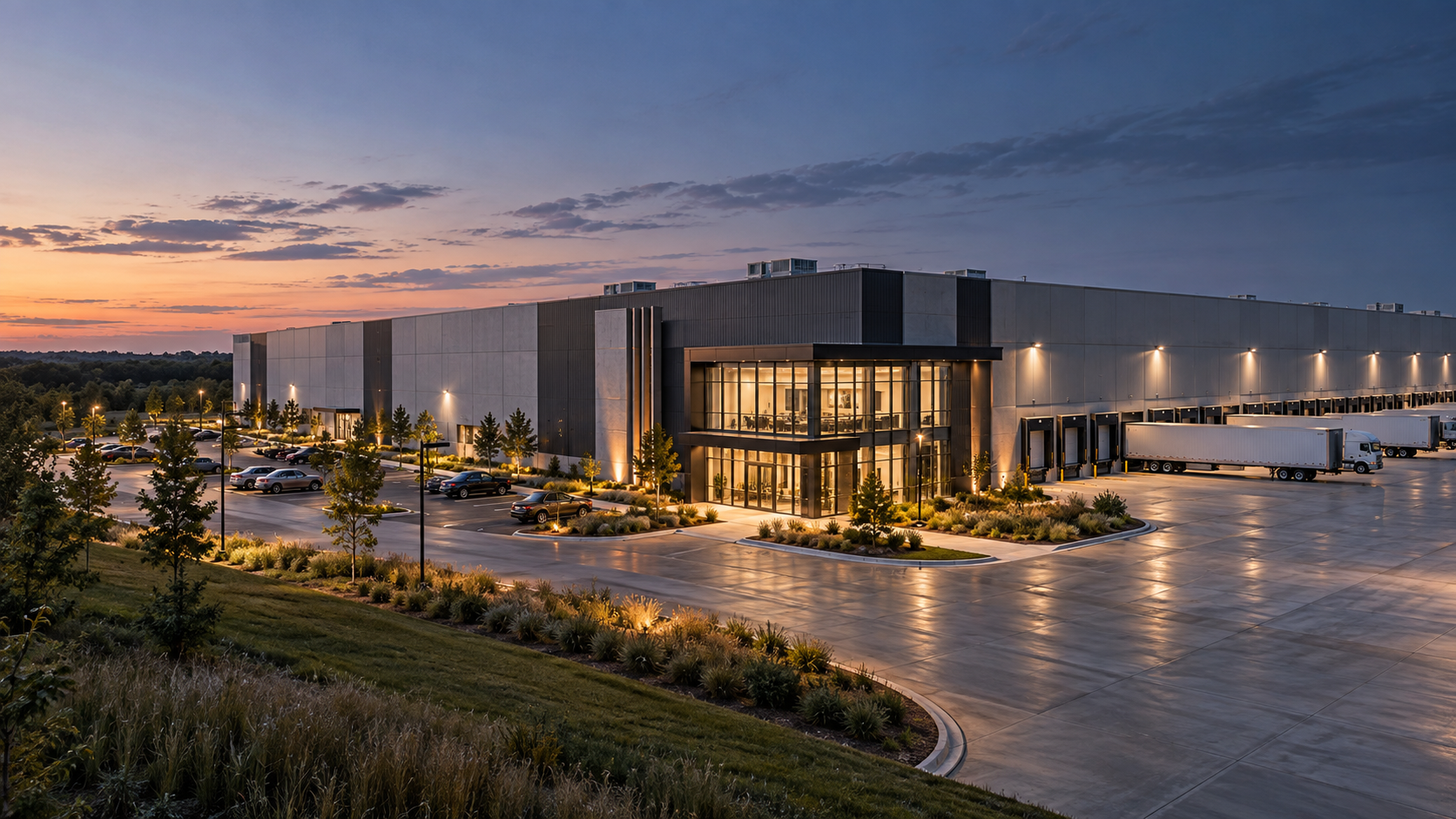 Maxwell Pointe warehouse and logistics center at dusk with illuminated glass entrance
