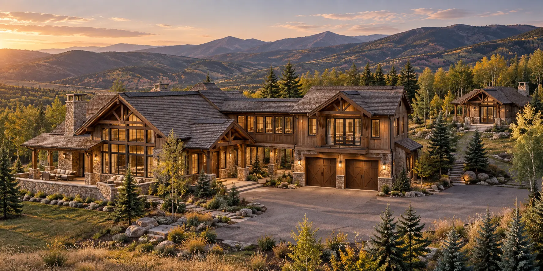 Expansive timber mountain residence overlooking an autumn valley